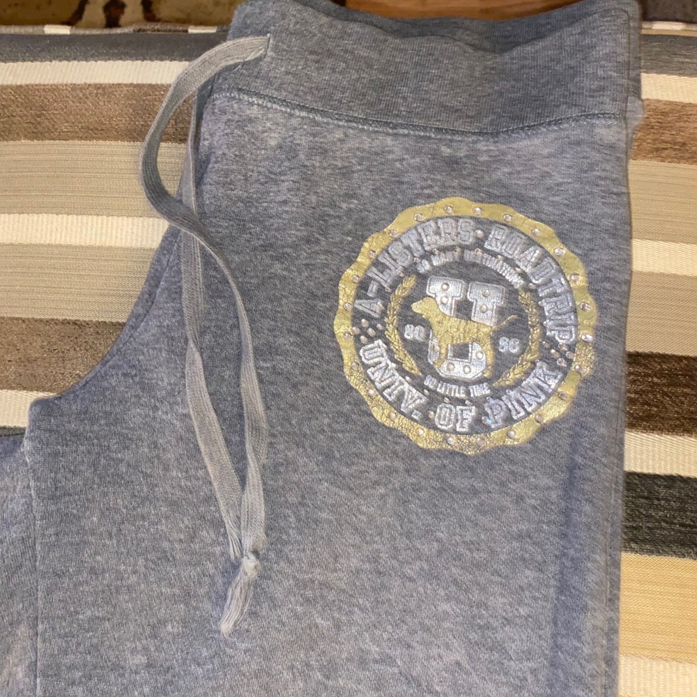 PINK Victoria's Secret University Pink Rhinestone Sweatpants Grey Lounge Joggers - Picture 9 of 10